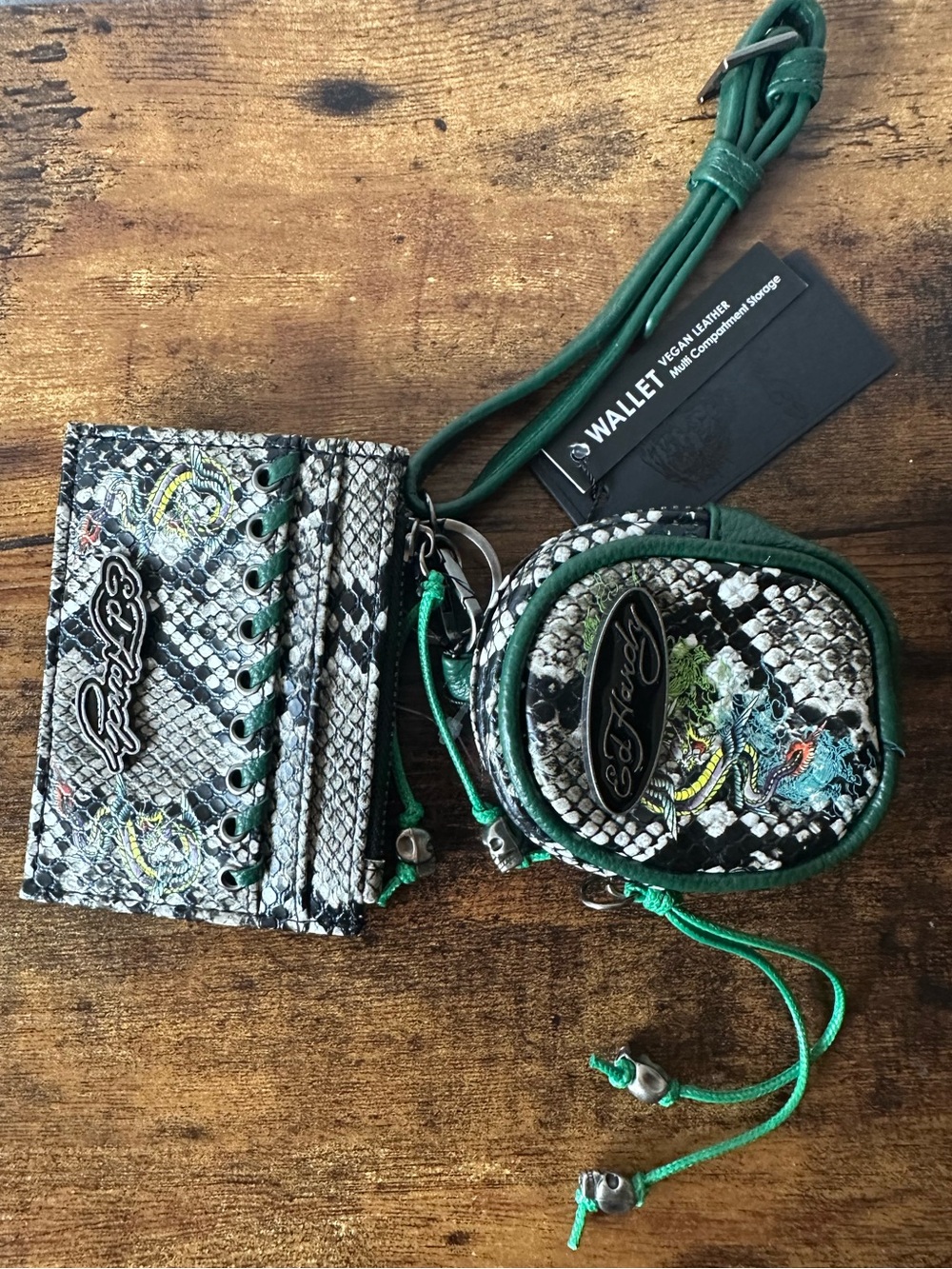 Ed Hardy 3 Piece Green & Black Snakeskin-Print Card Holder, Coin Pouch Wristlet